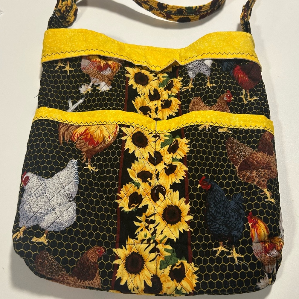 Charming Sunflower, Rooster and Chicken Pattern Shoulder Bag. Handmade.
